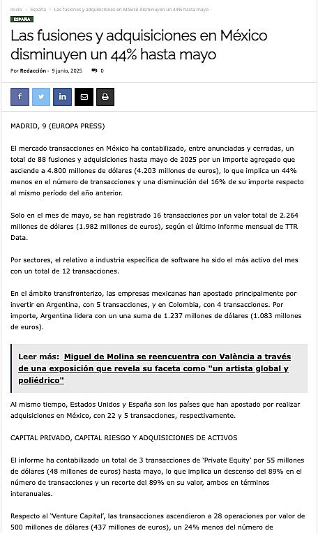 Las fusiones y adquisiciones en Mxico disminuyen un 44% hasta mayo